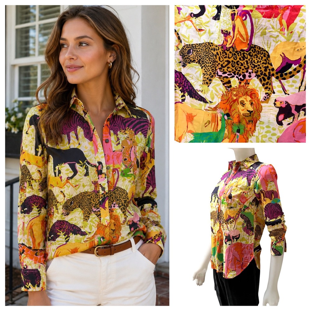 J Crew Classic Ratti Safari Animal Print Popover Blouse Cotton Preppy Junglecore
